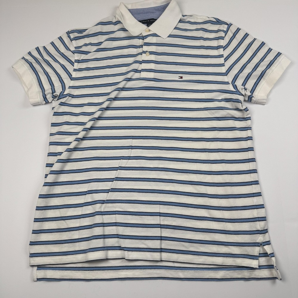 Tommy Hilfiger Polo Shirt Mens Large White Blue Striped Classic Casual Cotton